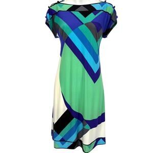 Donna Morgan Women Jersey Knit Green Blue Cap Sleeve Stretch Dress Knee Length 6
